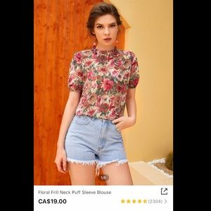 Floral Frill Neck Puff Sleeve Blouse